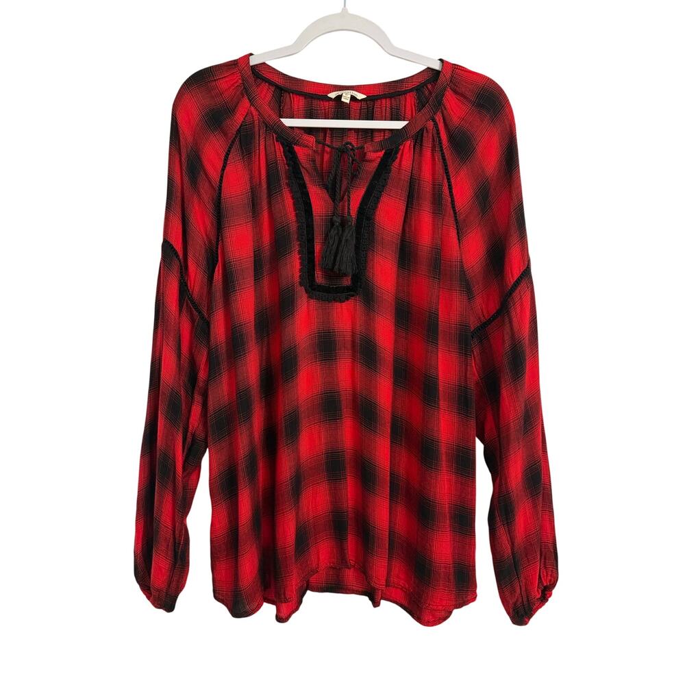 reCreation Womans XL Red‎ Buffalo Plaid Crochet Velour Tassel Balloon Sleeve Top